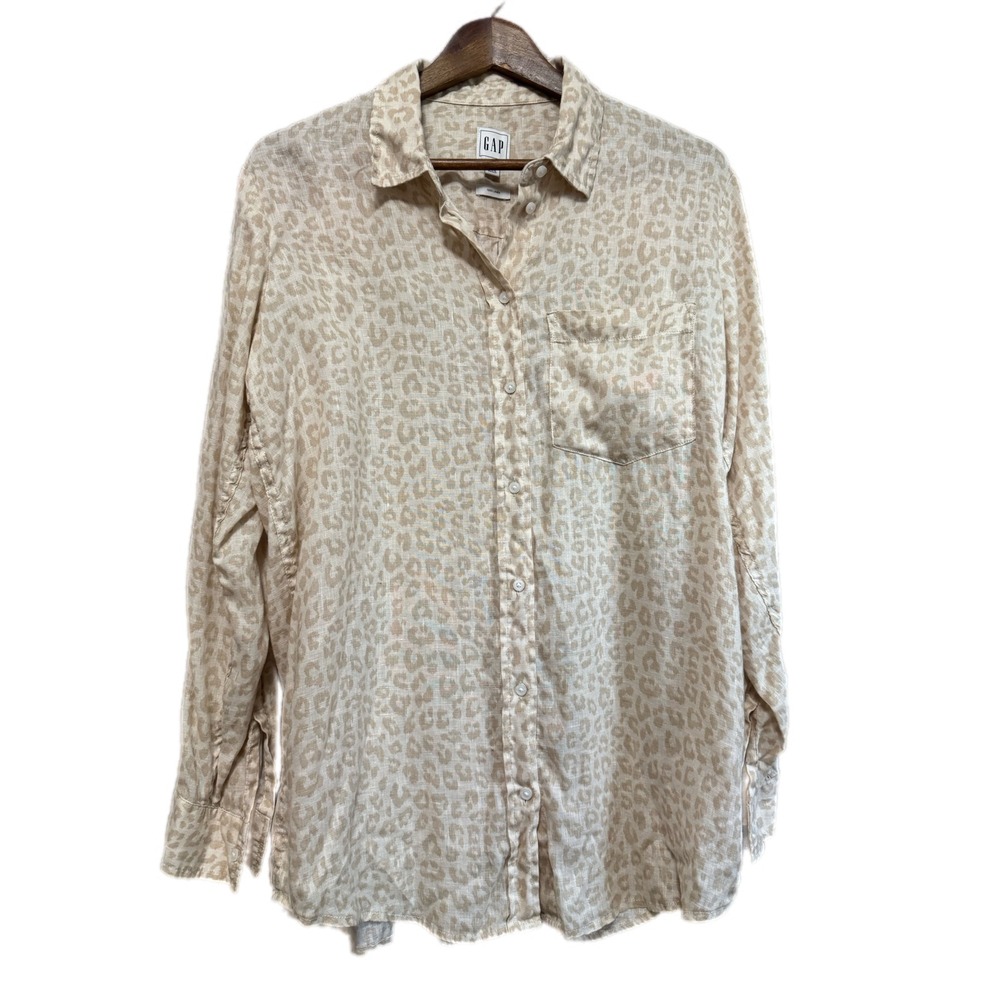 Gap Button Down Shirt Women Medium Tan Linen Leopard Print Excellent Long Sleeve